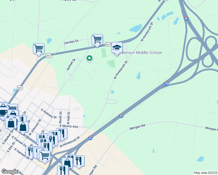 map of restaurants, bars, coffee shops, grocery stores, and more near 1173 North Honeycutt Street in Benson
