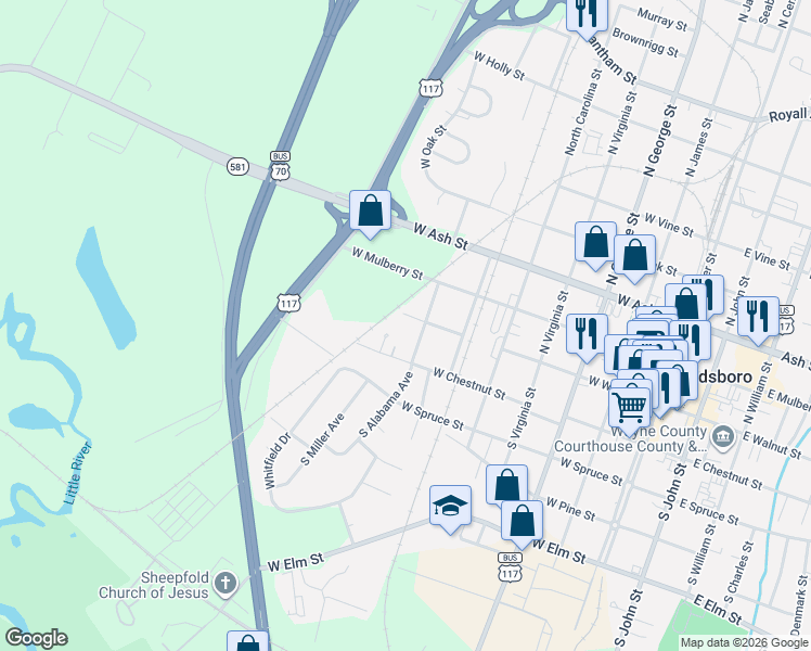map of restaurants, bars, coffee shops, grocery stores, and more near 701 West Chestnut Street in Goldsboro