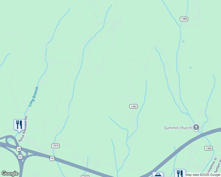 map of restaurants, bars, coffee shops, grocery stores, and more near 1190 Thornhill Drive in Sylva