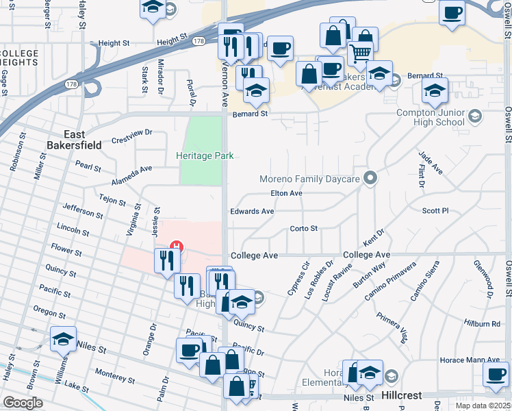 map of restaurants, bars, coffee shops, grocery stores, and more near 2313 Edwards Avenue in Bakersfield