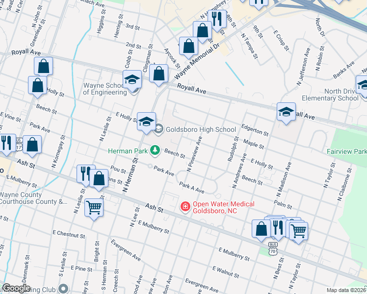 map of restaurants, bars, coffee shops, grocery stores, and more near 1109 Beech Street in Goldsboro