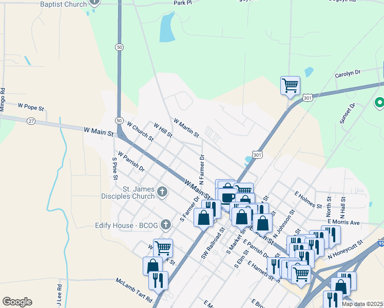map of restaurants, bars, coffee shops, grocery stores, and more near 310 West Church Street in Benson