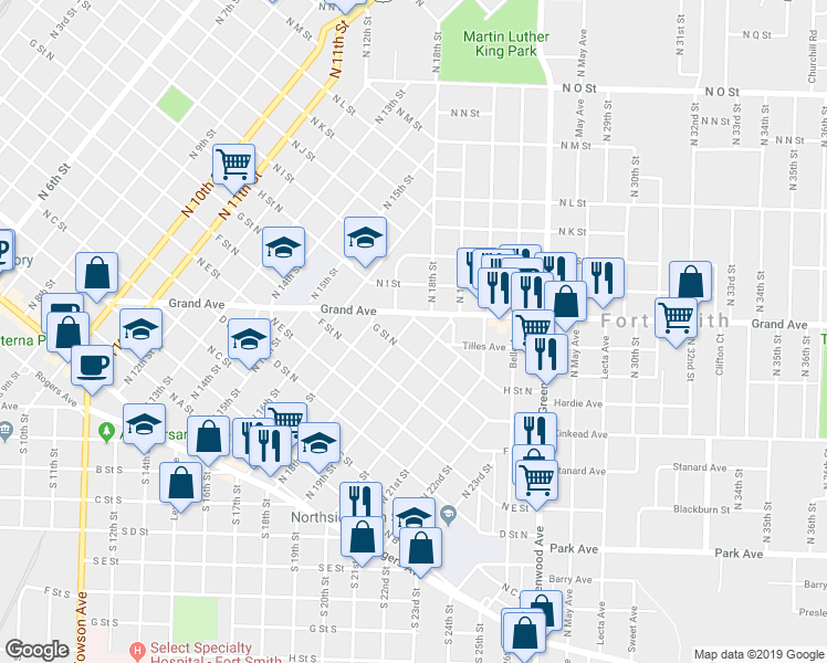 map of restaurants, bars, coffee shops, grocery stores, and more near 1814 North G Street in Fort Smith