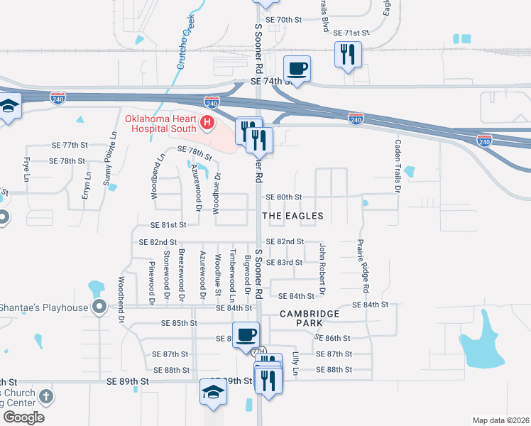 map of restaurants, bars, coffee shops, grocery stores, and more near 8133 Timothy Lane in Oklahoma City