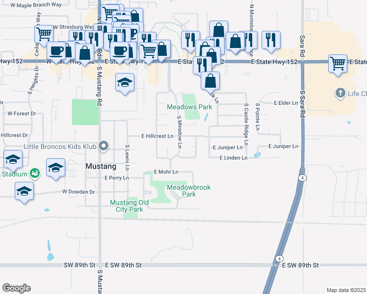 map of restaurants, bars, coffee shops, grocery stores, and more near 738 South Meadow Lane in Mustang