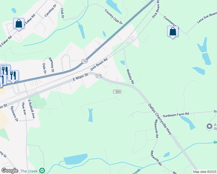 map of restaurants, bars, coffee shops, grocery stores, and more near 7615 Dallas Cherryville Highway in Cherryville
