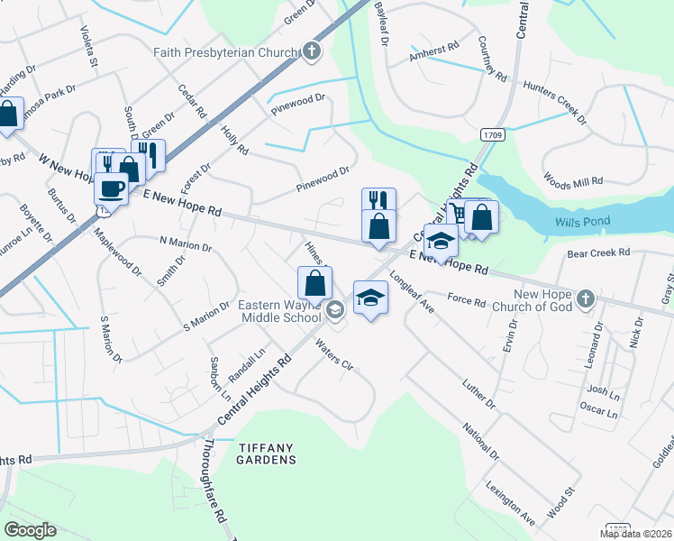 map of restaurants, bars, coffee shops, grocery stores, and more near 102 Hines Drive in Goldsboro
