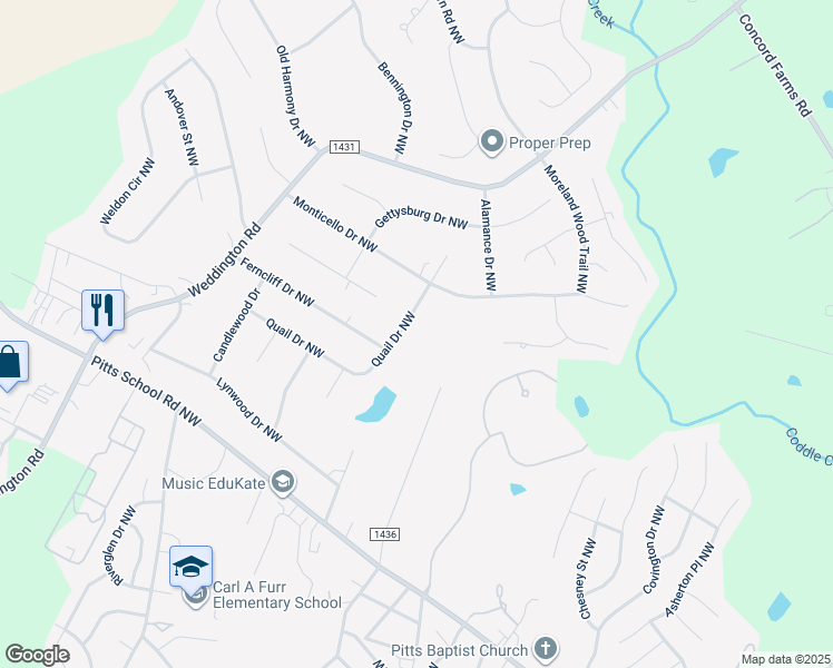 map of restaurants, bars, coffee shops, grocery stores, and more near 2023 Quail Drive Northwest in Concord