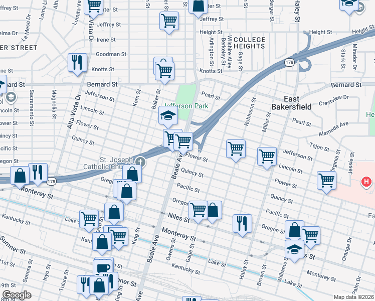 map of restaurants, bars, coffee shops, grocery stores, and more near 900 Flower Street in Bakersfield