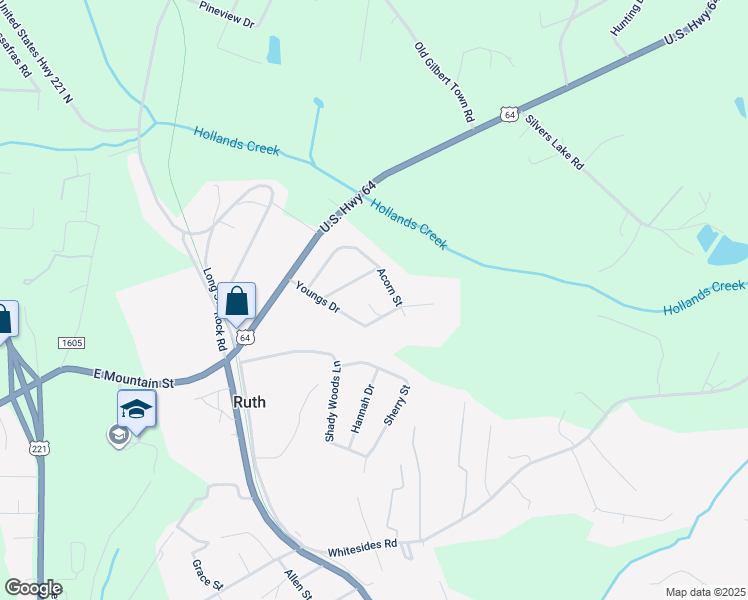 map of restaurants, bars, coffee shops, grocery stores, and more near 251 Youngs Drive in Rutherfordton