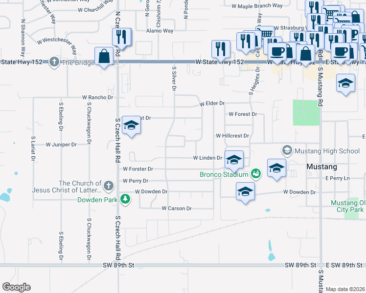 map of restaurants, bars, coffee shops, grocery stores, and more near 652 West Juniper Drive in Mustang