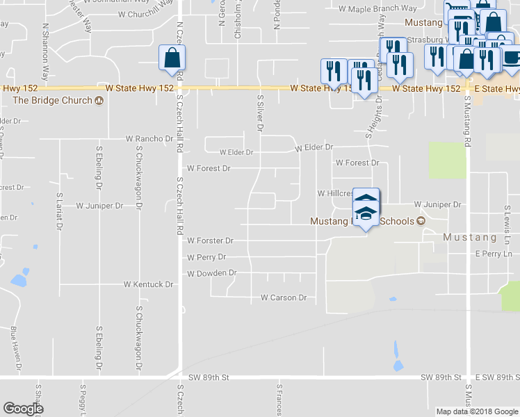 map of restaurants, bars, coffee shops, grocery stores, and more near 716 West Juniper Drive in Mustang