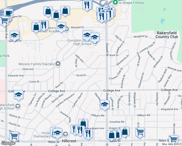 map of restaurants, bars, coffee shops, grocery stores, and more near 2825 Scott Place in Bakersfield