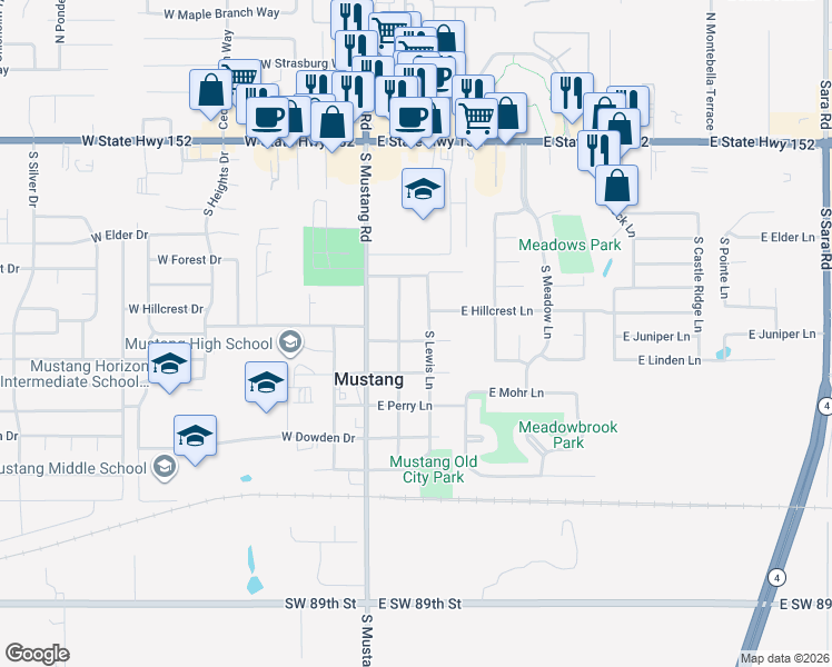 map of restaurants, bars, coffee shops, grocery stores, and more near 711 South Lewis Lane in Mustang