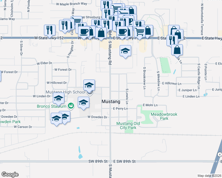 map of restaurants, bars, coffee shops, grocery stores, and more near 103 East Juniper Lane in Mustang