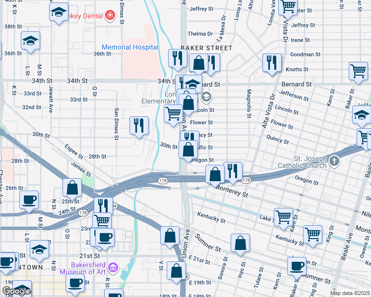 map of restaurants, bars, coffee shops, grocery stores, and more near 1 Pacific Street in Bakersfield