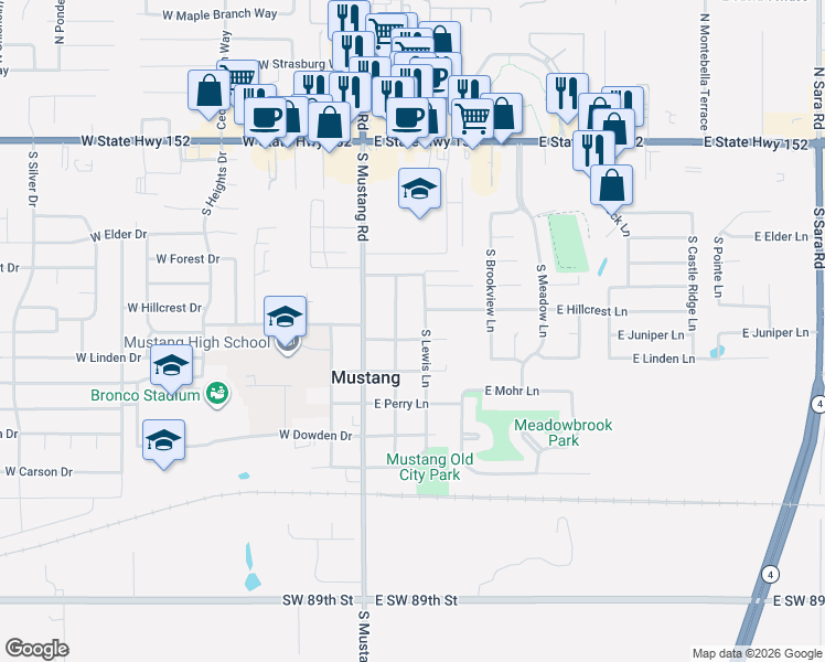 map of restaurants, bars, coffee shops, grocery stores, and more near 141 East Juniper Lane in Mustang