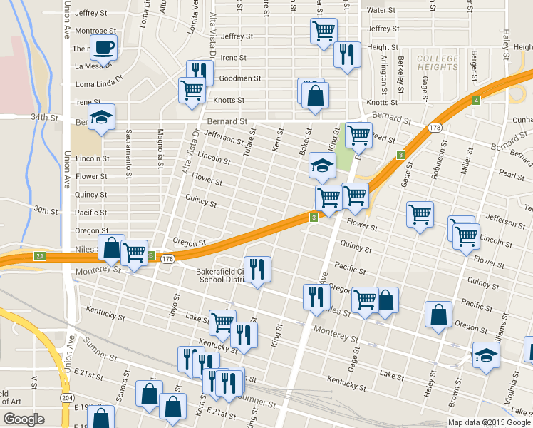 map of restaurants, bars, coffee shops, grocery stores, and more near 1502 Baker Street in Bakersfield
