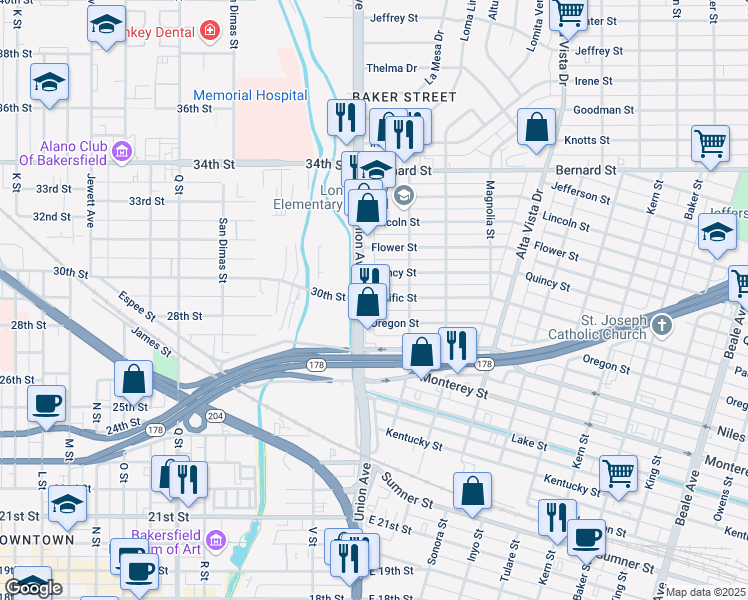map of restaurants, bars, coffee shops, grocery stores, and more near 2808 Union Avenue in Bakersfield