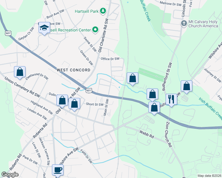 map of restaurants, bars, coffee shops, grocery stores, and more near 673 Main Street Southwest in Concord