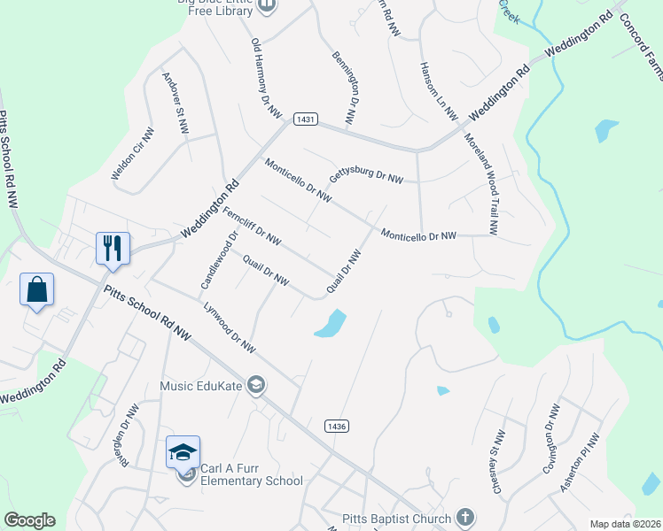 map of restaurants, bars, coffee shops, grocery stores, and more near 6070 Ferncliff Drive Northwest in Concord