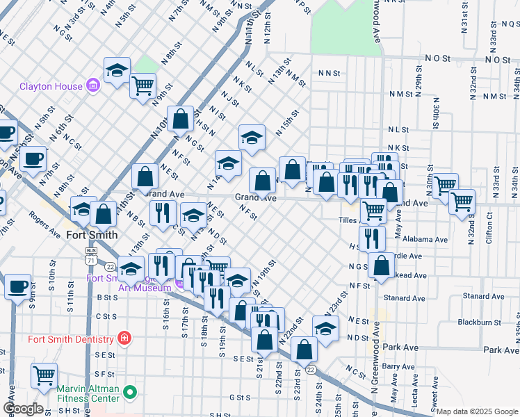map of restaurants, bars, coffee shops, grocery stores, and more near 1717 North F Street in Fort Smith