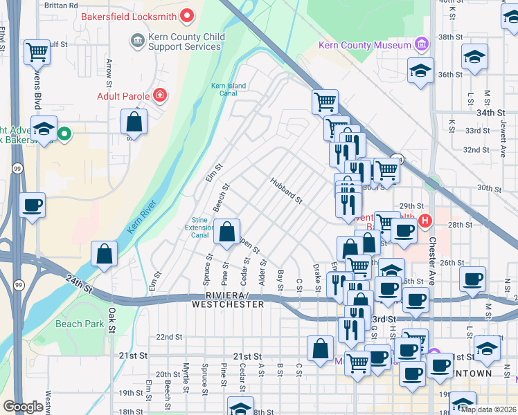 map of restaurants, bars, coffee shops, grocery stores, and more near 2532 Pine Street in Bakersfield