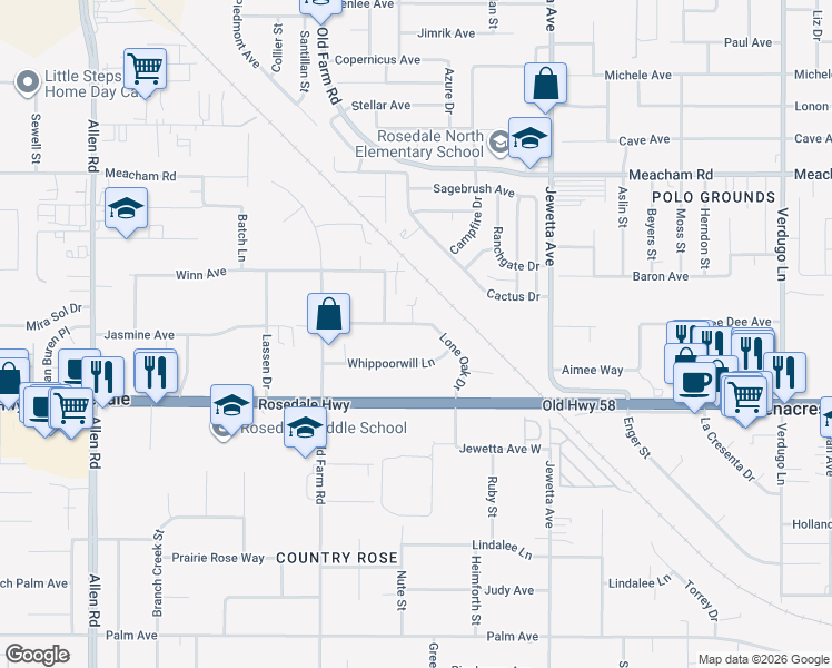 map of restaurants, bars, coffee shops, grocery stores, and more near 11700 Whippoorwill Lane in Bakersfield
