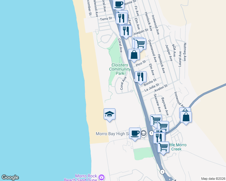 map of restaurants, bars, coffee shops, grocery stores, and more near 2261 Emerald Circle in Morro Bay