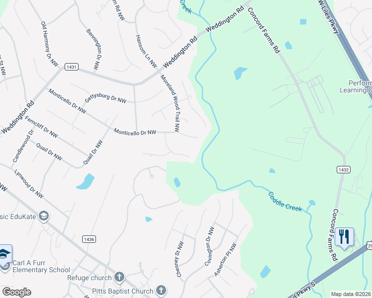 map of restaurants, bars, coffee shops, grocery stores, and more near 2039 Stoney Creek Drive Northwest in Concord