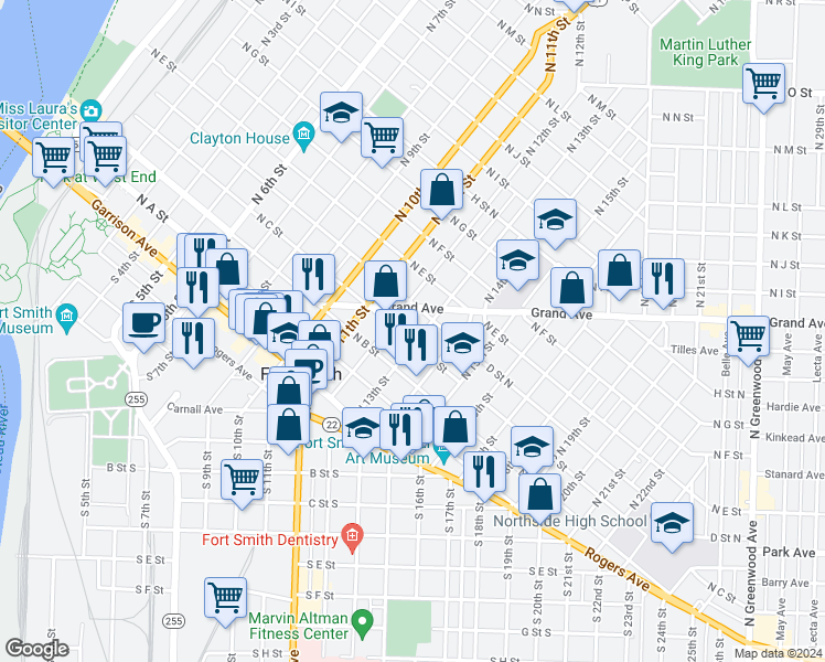 map of restaurants, bars, coffee shops, grocery stores, and more near 303 North 13th Street in Fort Smith