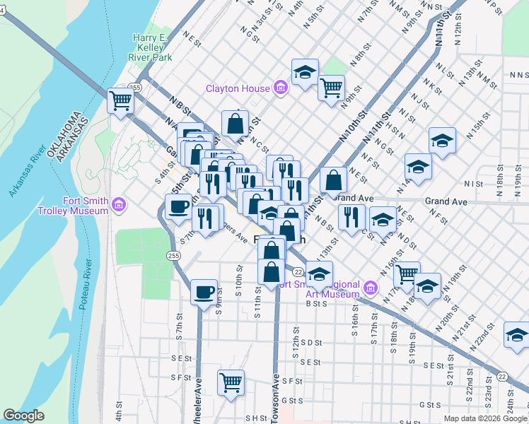 map of restaurants, bars, coffee shops, grocery stores, and more near 916 Garrison Avenue in Fort Smith