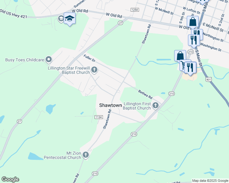 map of restaurants, bars, coffee shops, grocery stores, and more near 21 Patterson Street in Lillington
