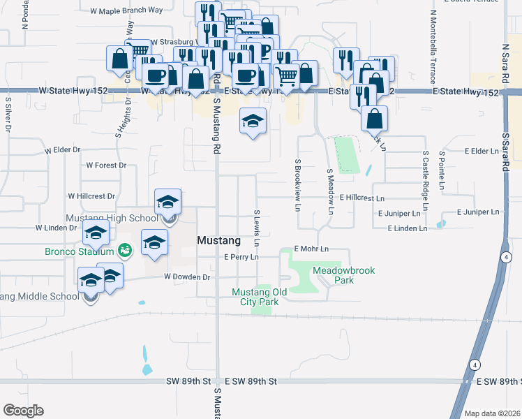 map of restaurants, bars, coffee shops, grocery stores, and more near 524 South Lewis Lane in Mustang