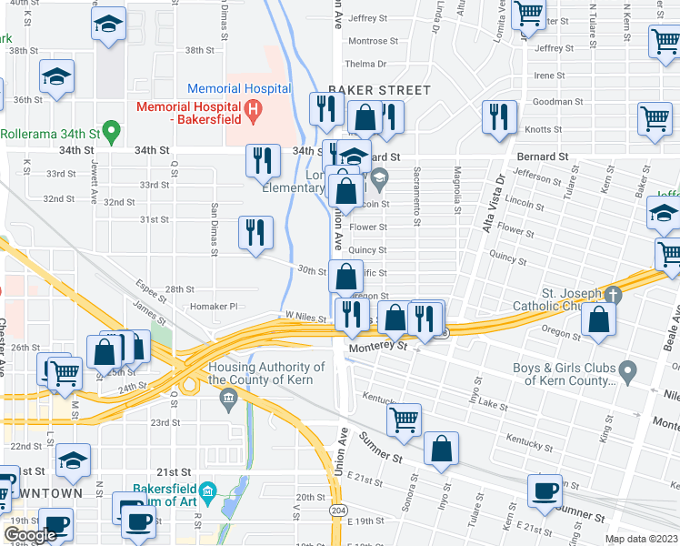 map of restaurants, bars, coffee shops, grocery stores, and more near 2 Pacific Street in Bakersfield