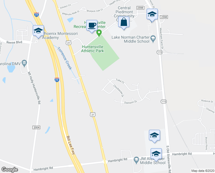 map of restaurants, bars, coffee shops, grocery stores, and more near 13318 Toka Court in Huntersville