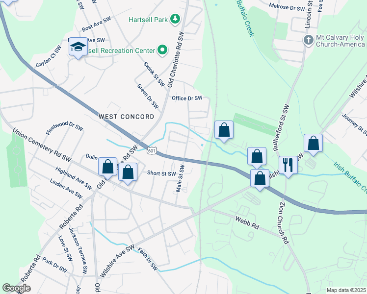map of restaurants, bars, coffee shops, grocery stores, and more near 658 Main Street Southwest in Concord
