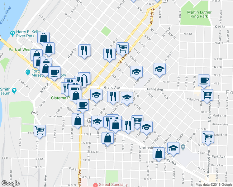 map of restaurants, bars, coffee shops, grocery stores, and more near 315 North 13th Street in Fort Smith