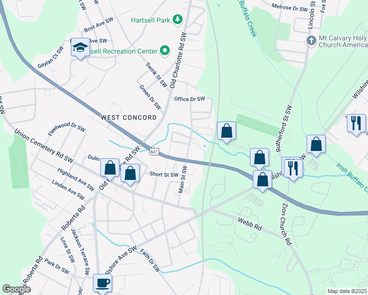 map of restaurants, bars, coffee shops, grocery stores, and more near 658 Main Street Southwest in Concord