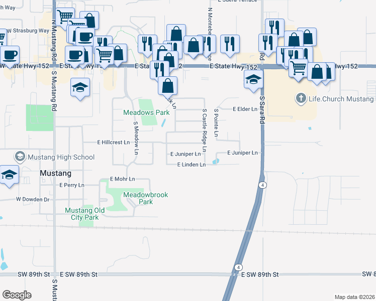 map of restaurants, bars, coffee shops, grocery stores, and more near 609 East Hillcrest Lane in Mustang