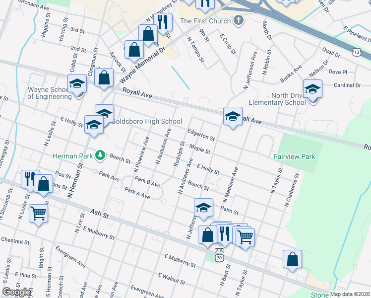 map of restaurants, bars, coffee shops, grocery stores, and more near 1315 E Maple St in Goldsboro