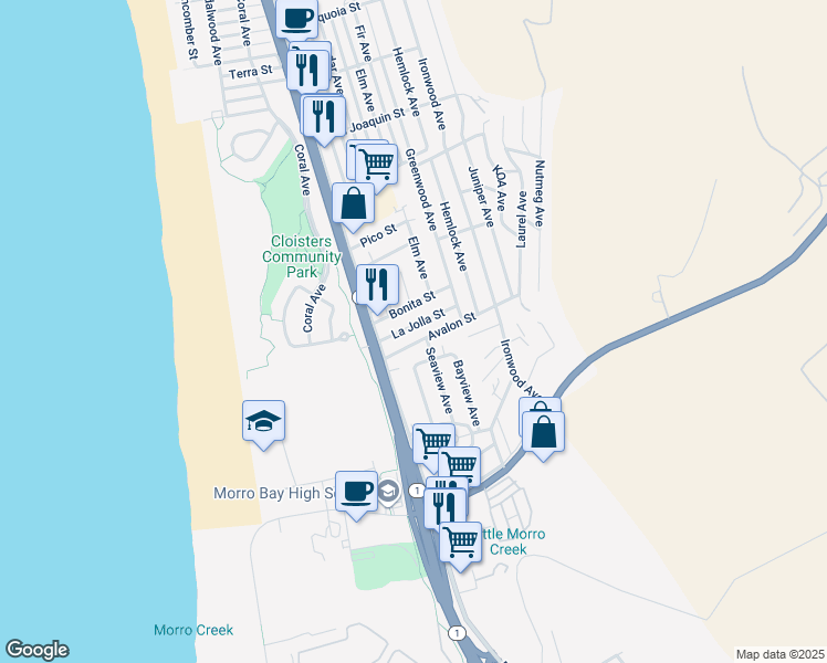 map of restaurants, bars, coffee shops, grocery stores, and more near 425 Bonita Street in Morro Bay