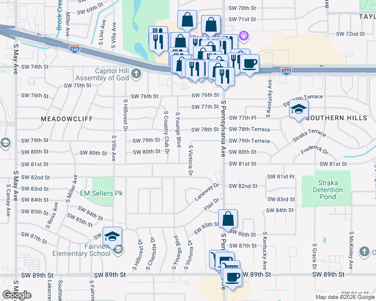 map of restaurants, bars, coffee shops, grocery stores, and more near 8013 South Victoria Drive in Oklahoma City