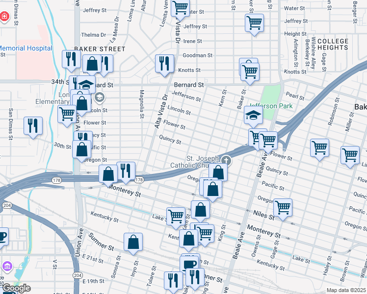 map of restaurants, bars, coffee shops, grocery stores, and more near 423 Quincy Street in Bakersfield