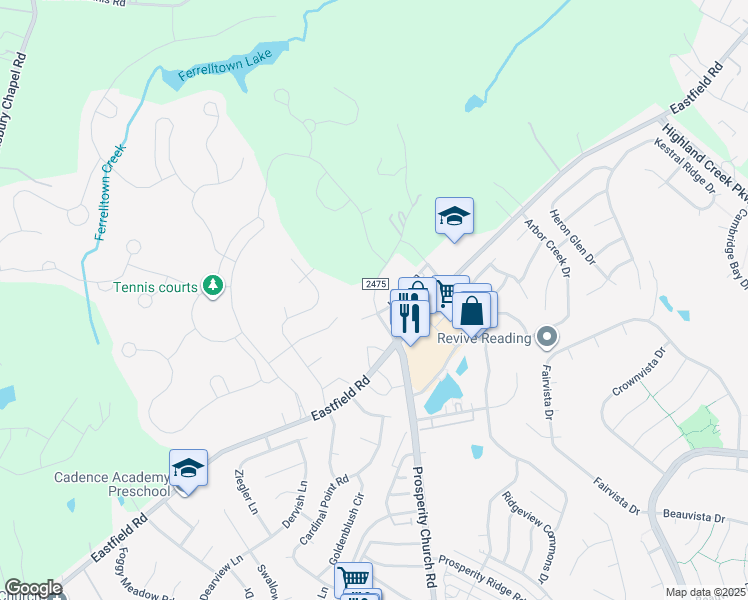 map of restaurants, bars, coffee shops, grocery stores, and more near 6930 Prosperity Church Road in Huntersville