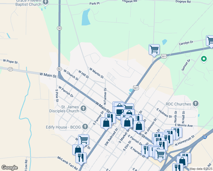 map of restaurants, bars, coffee shops, grocery stores, and more near 304 North Farmer Drive in Benson