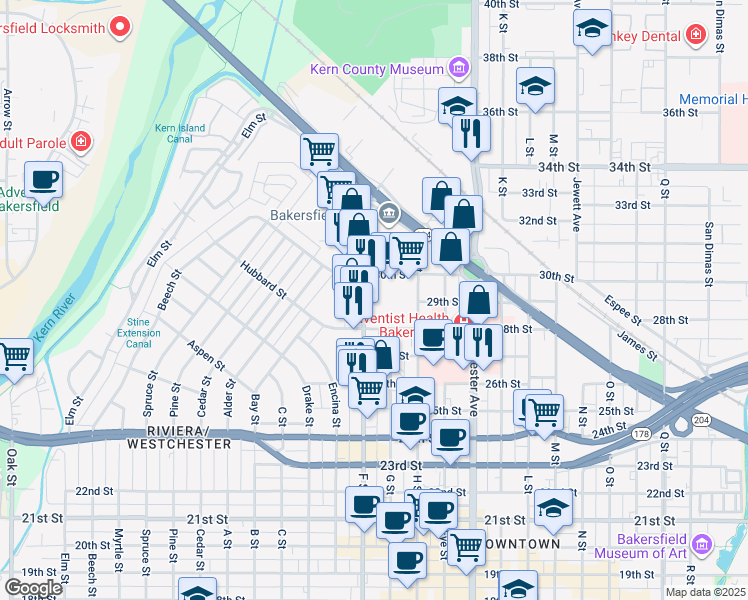 map of restaurants, bars, coffee shops, grocery stores, and more near 2935 F St in Bakersfield