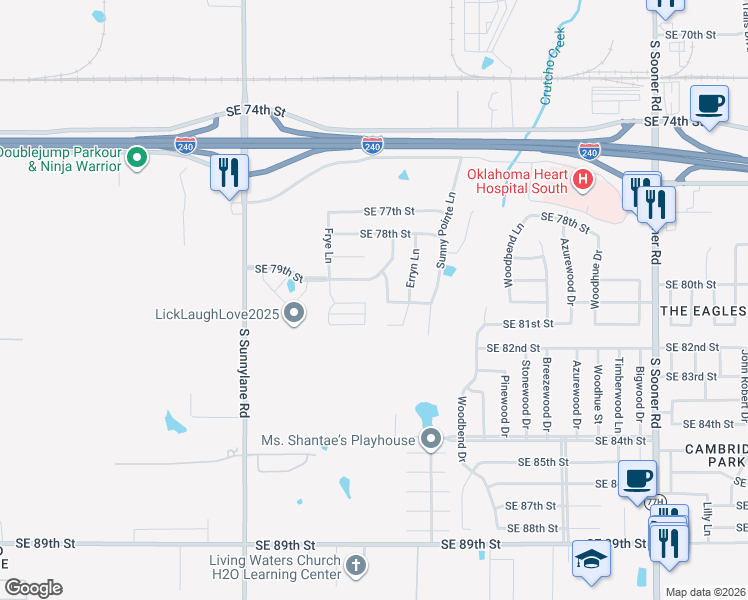 map of restaurants, bars, coffee shops, grocery stores, and more near 8104 Rausch Lane in Oklahoma City