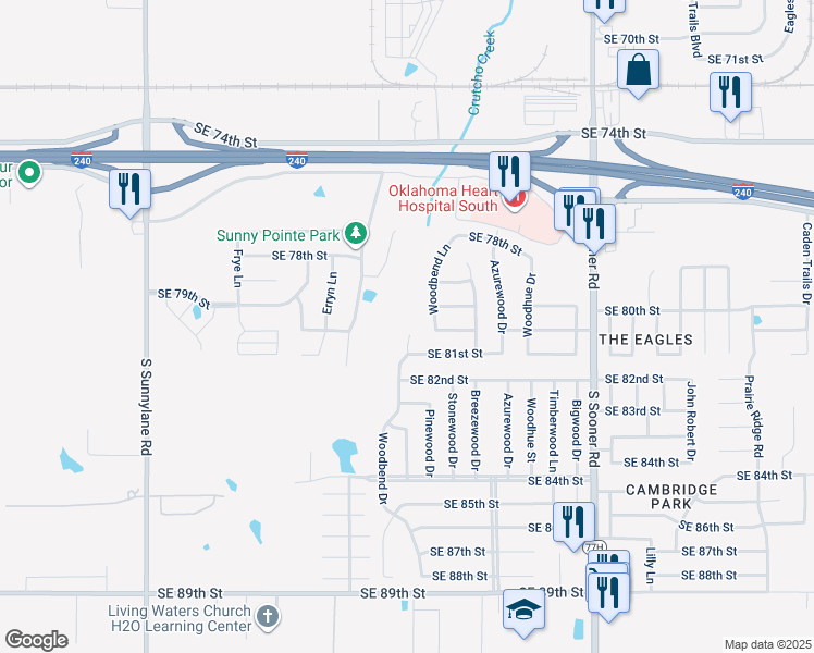 map of restaurants, bars, coffee shops, grocery stores, and more near 8113 Woodbend Drive in Oklahoma City