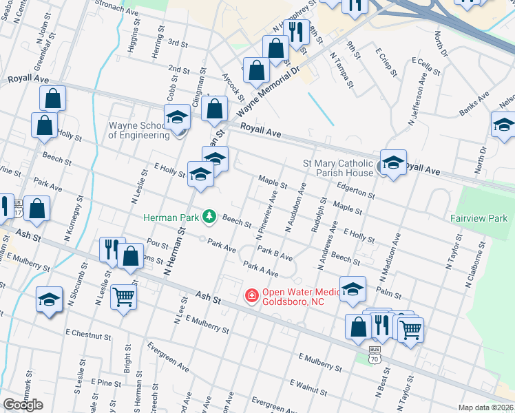 map of restaurants, bars, coffee shops, grocery stores, and more near 1108 East Holly Street in Goldsboro